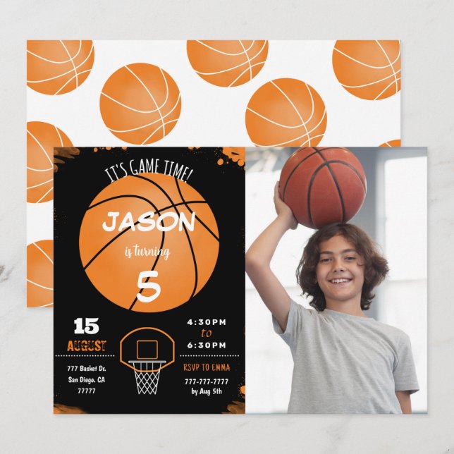 Invitación a la fotografía editable de baloncesto (Anverso / Reverso)