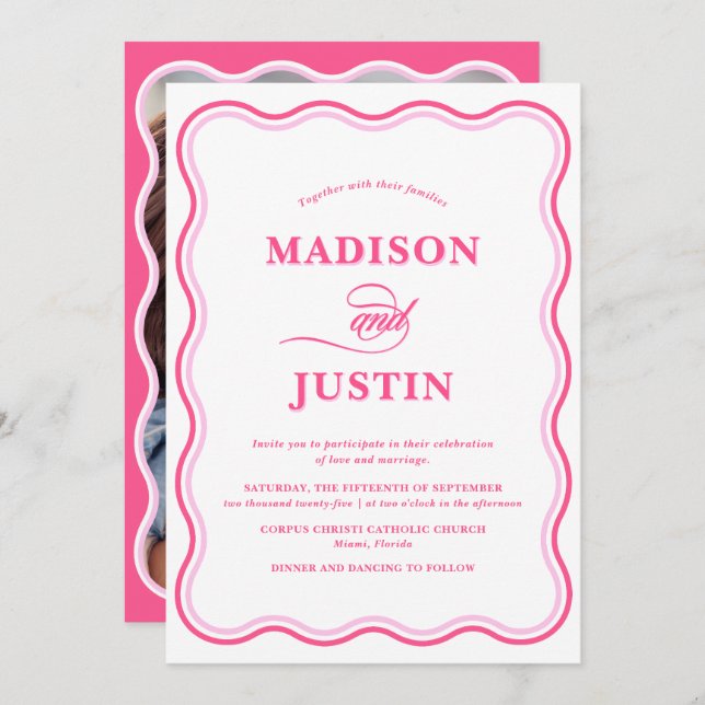 Invitación a la fotografía rosa de Boda ondulado (Anverso / Reverso)