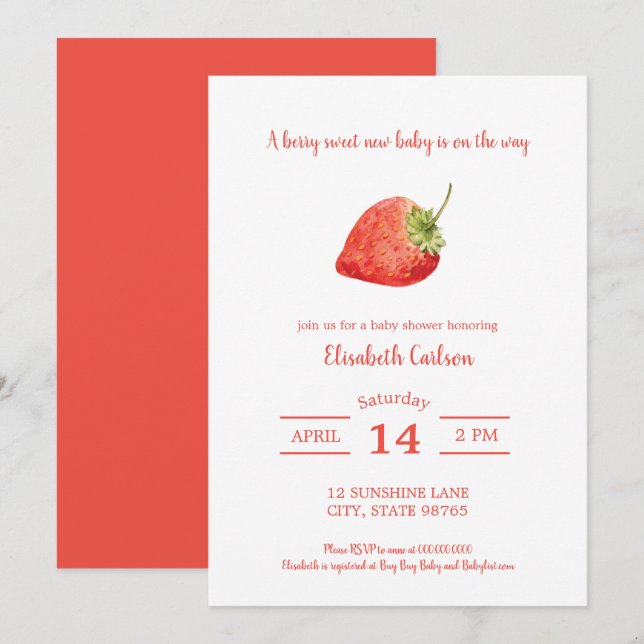 Invitación a la fresa de Baby Shower dulce Berry (Anverso / Reverso)