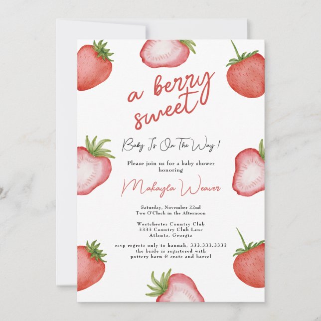 Invitación a la fresa de Baby Shower dulce Berry (Anverso)