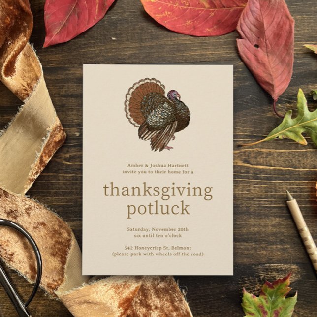 Invitación a la gente de moda turca para el día de (warm beige thanksgiving dinner invitation with male tom turkey prancing at the top and QR link)