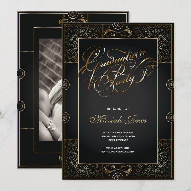 Invitación a la GRADUACIÓN de Arte Deco Ornate Bla (Anverso / Reverso)