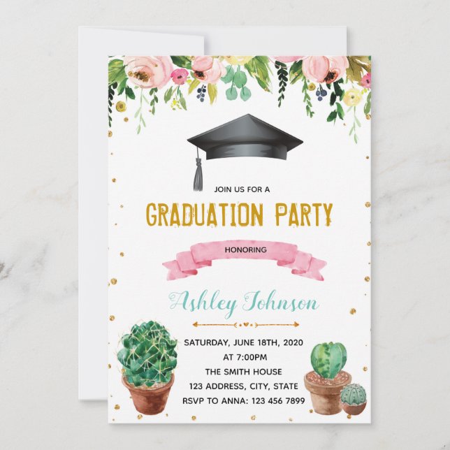 Invitación a la graduación de flores de cactus (Anverso)