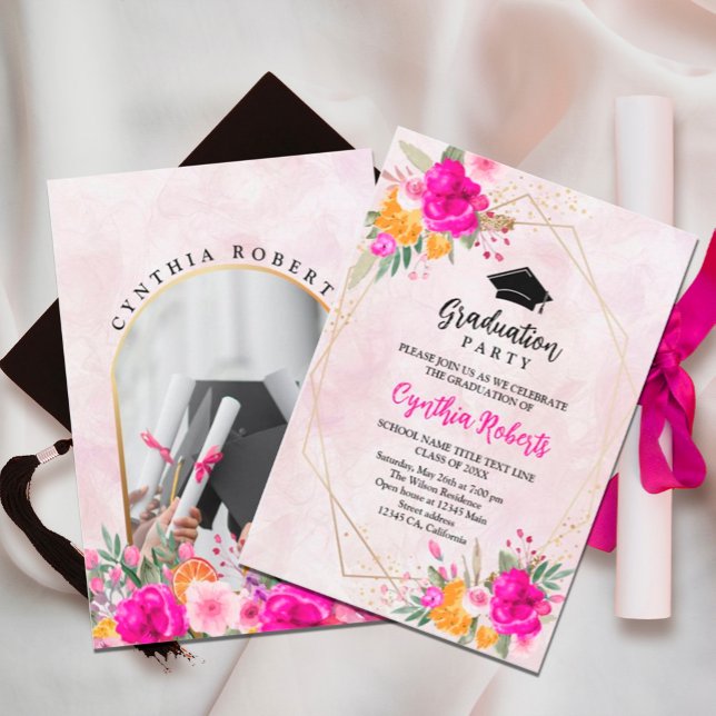 Invitación a la graduación de la primavera de las  (watercolor flowers in shades of pink and yellow in rustic garden greenery. #photo #graduationparty)