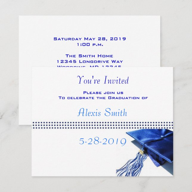 Invitación a la graduación - Tapón azul y Tassel I (Anverso / Reverso)