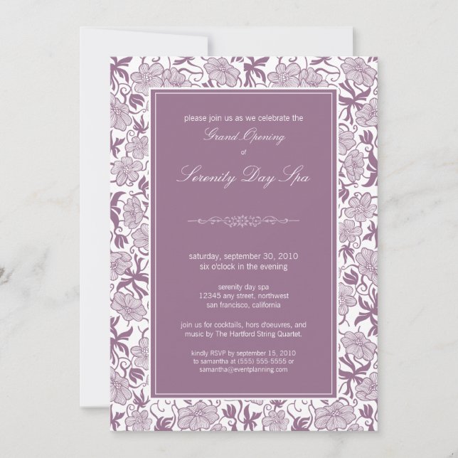 Invitación a la gran apertura con flores (lavanda) (Anverso)