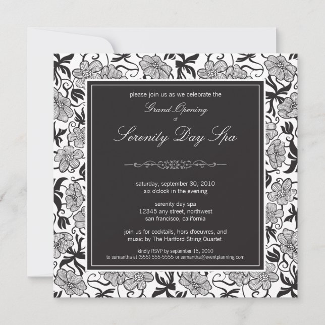 Invitación a la gran apertura con flores (negro) (Anverso)
