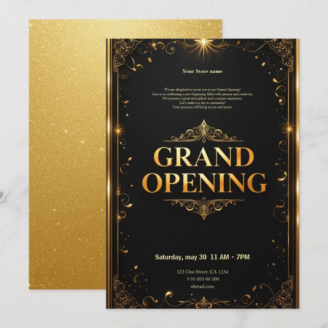 Invitación a la gran apertura en negro y oro (Anverso / Reverso)