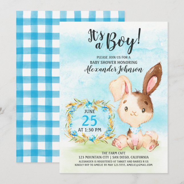Invitación a la granja Baby Shower Bunny Boy Water (Anverso / Reverso)