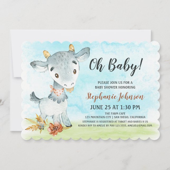 Invitación a la granja Baby Shower de cabra acuare (Anverso)