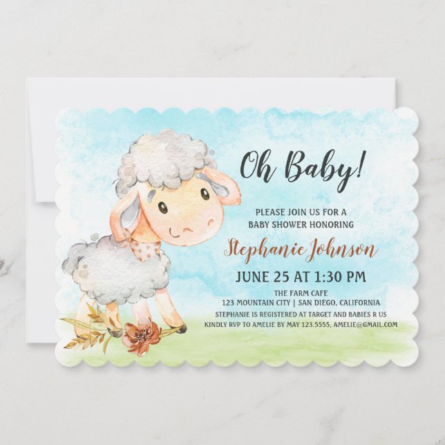 Invitación a la granja Baby Shower de ovejas acuát (Anverso)