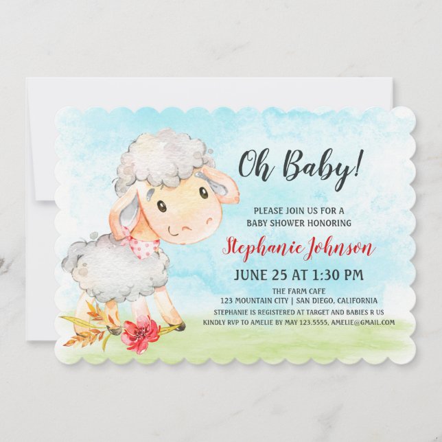 Invitación a la granja Baby Shower de ovejas acuát (Anverso)