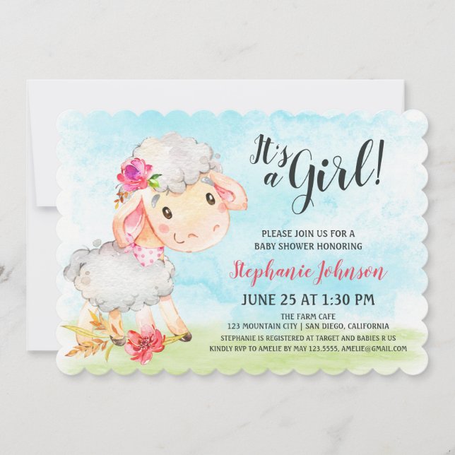 Invitación a la granja Baby Shower de ovejas Chica (Anverso)