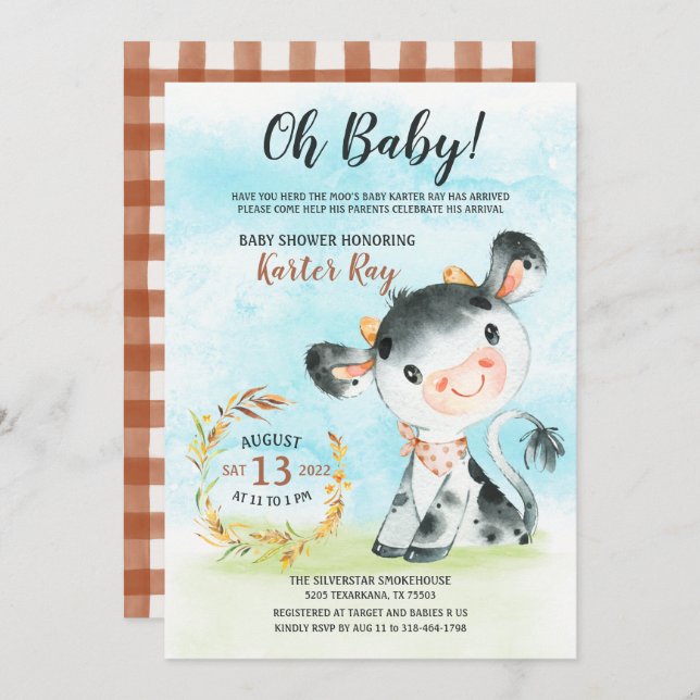 Invitación a la granja Baby Shower de vaca acuarel (Anverso / Reverso)