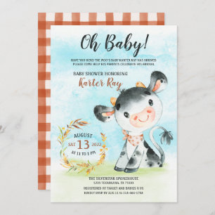 Invitación a la granja Baby Shower de vaca acuarel