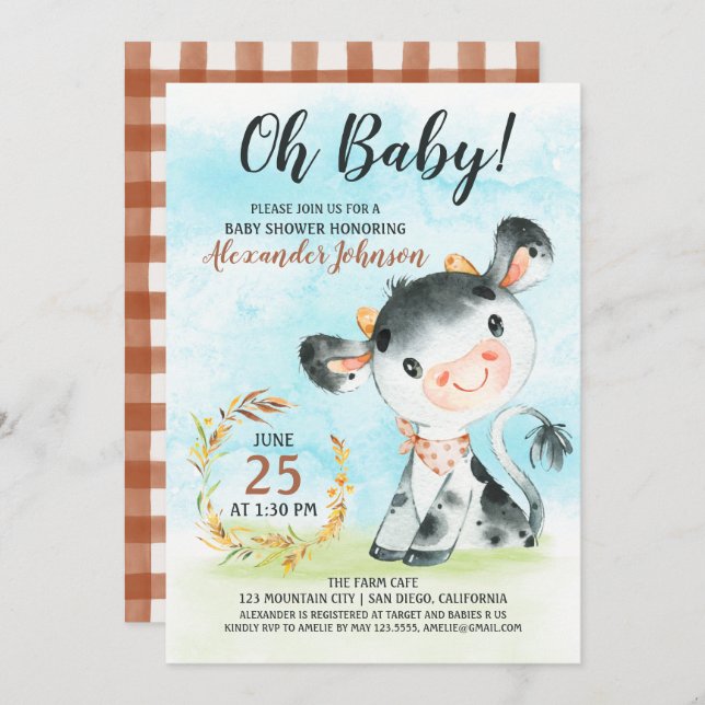 Invitación a la granja Baby Shower de vaca acuarel (Anverso / Reverso)