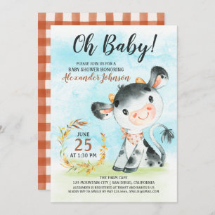 Invitación a la granja Baby Shower de vaca acuarel