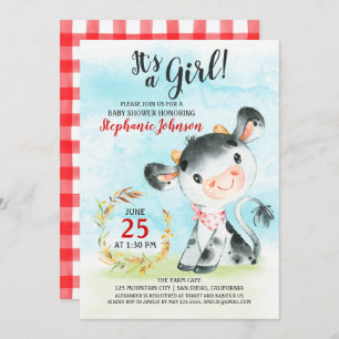 Invitación a la granja Baby Shower de vaca acuarel