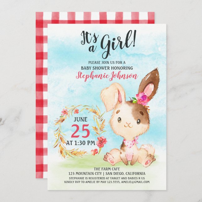 Invitación a la granja de Baby Shower Bunny Chica  (Anverso / Reverso)