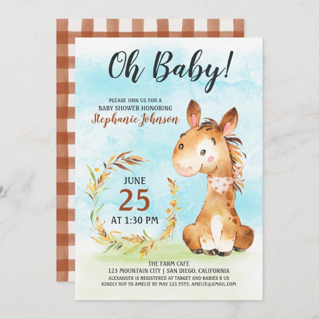 Invitación a la granja de Baby Shower de caballos  (Anverso / Reverso)