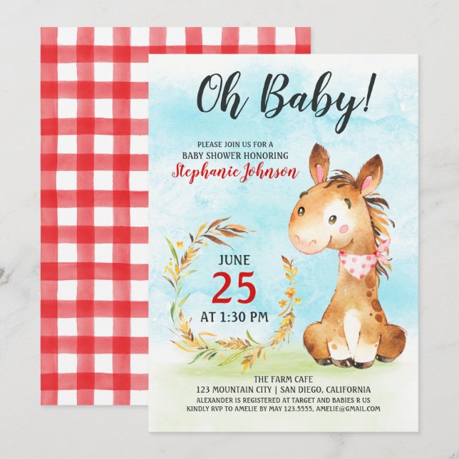 Invitación a la granja de Baby Shower de caballos  (Anverso / Reverso)