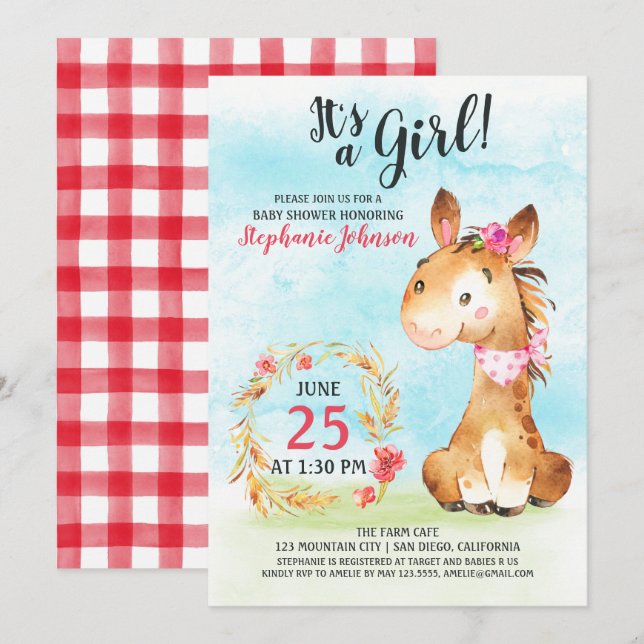 Invitación a la granja de Baby Shower de caballos  (Anverso / Reverso)