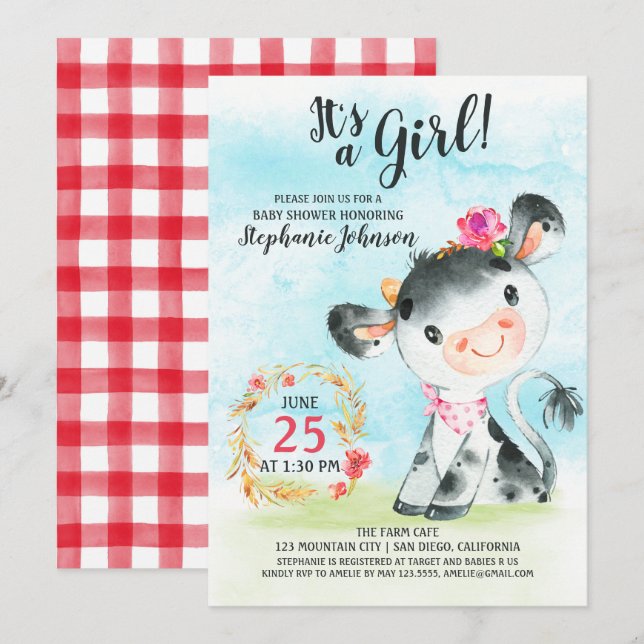 Invitación a la granja de Baby Shower de vaca Chic (Anverso / Reverso)