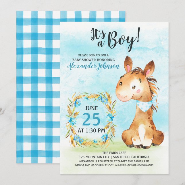 Invitación a la granja de Baby Shower Watercolor B (Anverso / Reverso)