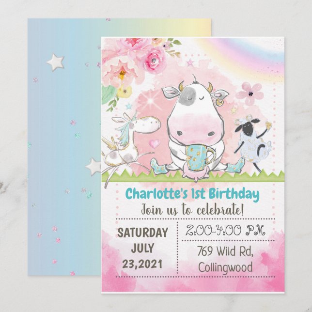 Invitación a la granja por cumpleaños, invitación  (Anverso / Reverso)