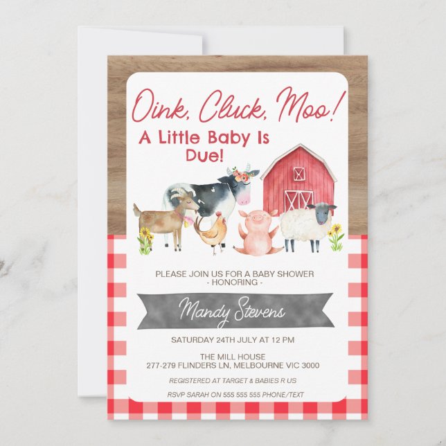Invitación a la granja Red Gingham and Wood Baby (Anverso)