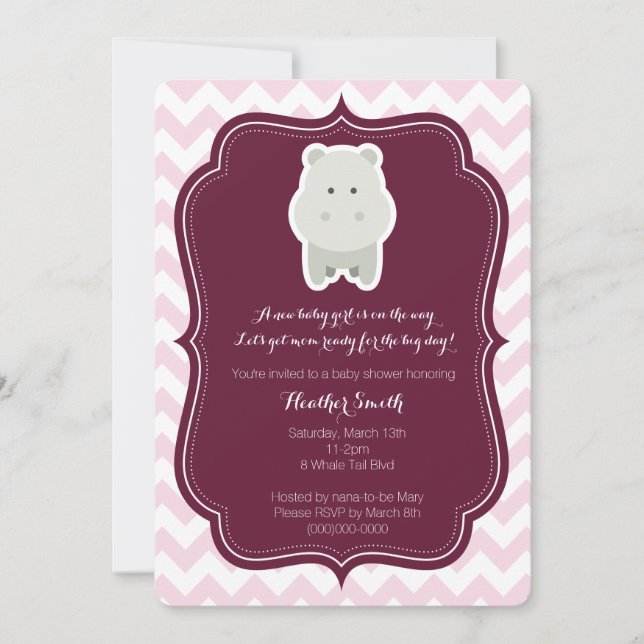 Invitación a la hippo rosada de una niña bebé (Anverso)