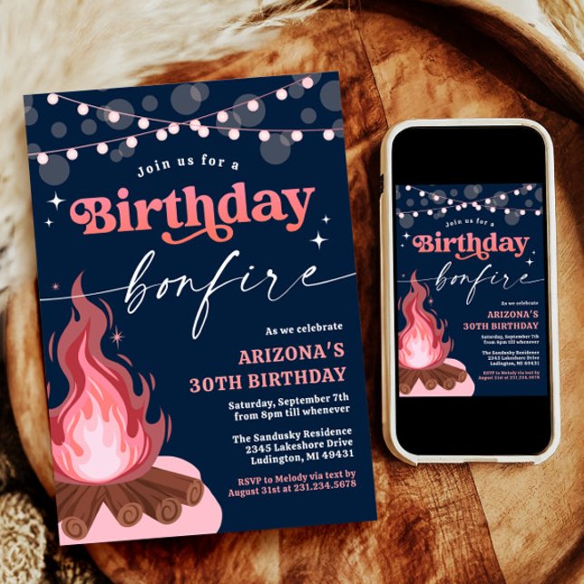 Invitación a la hoguera de cumpleaños rosa + rosa  (Modern Pink + Peach Birthday Bonfire Invitation)