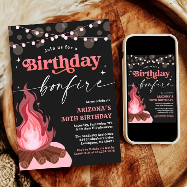 Invitación a la hoguera de cumpleaños rosada + ros (Pink + Peach Birthday Bonfire Invitation)