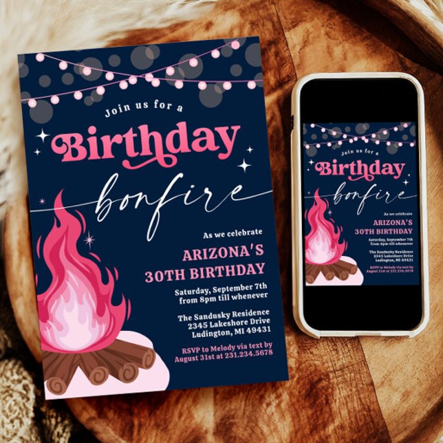 Invitación a la hoguera de cumpleaños rosado moder (Modern Pink Birthday Bonfire Invitation
)