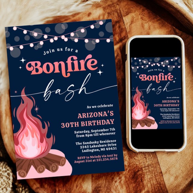 Invitación a la hoguera rosada de color rosado, er (Pink Birthday Bonfire Invitation, Bonfire Bash)