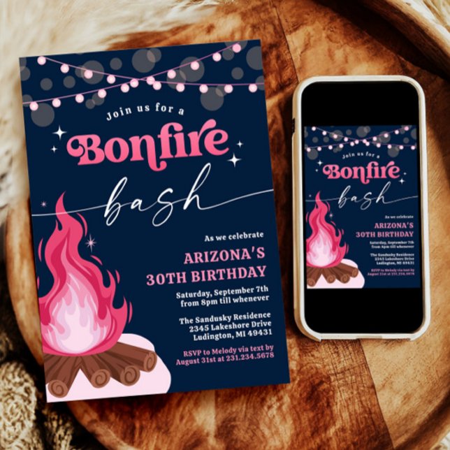 Invitación a la hoguera rosada moderna, bash de fu (Pink Birthday Backyard Bonfire Invitation)