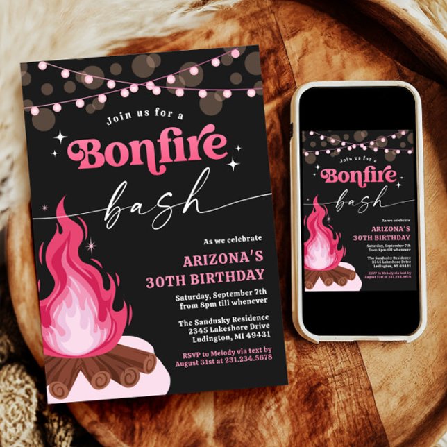 Invitación a la hoguera rosada moderna - Basura de (Pink Birthday Bonfire Invitation)