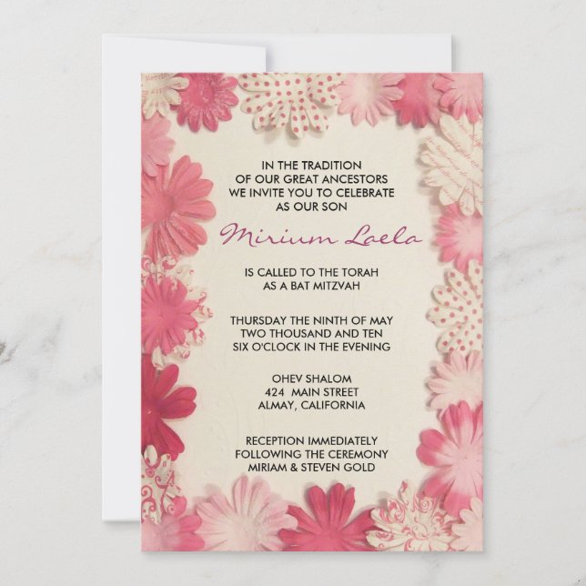 Invitación a la invitación a Mitzvah con flores de (Anverso)