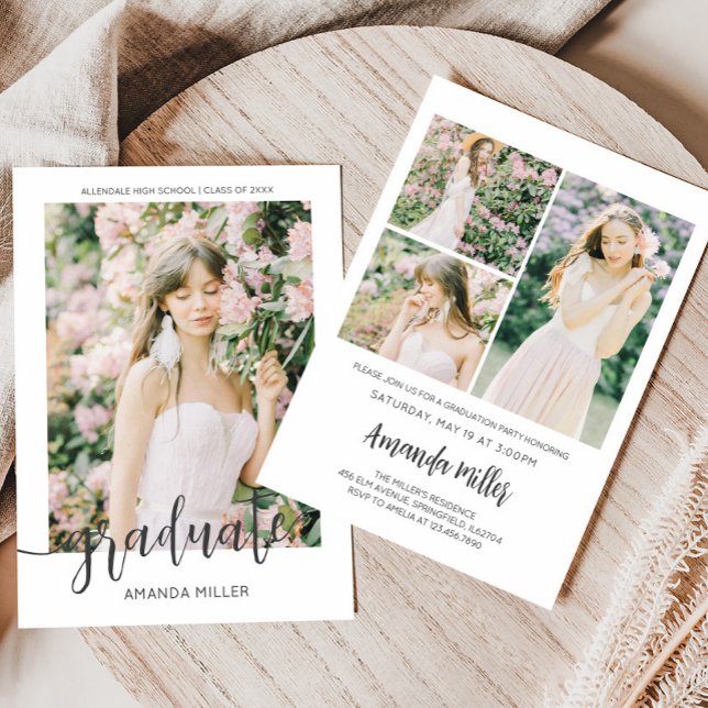 Invitación a la Invitación de graduación moderna (Modern Graduation Photo Announcement Invitation Card with Front and Back)