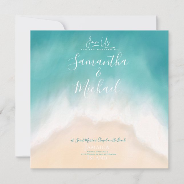 Invitación a la isla acuarela de bodas de playa (Anverso)