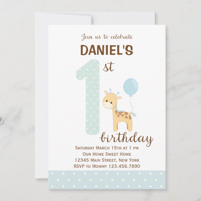 Invitación a la jirafa de primer cumpleaños (azul) (Anverso)