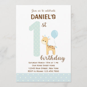 Invitación a la jirafa de primer cumpleaños (azul)