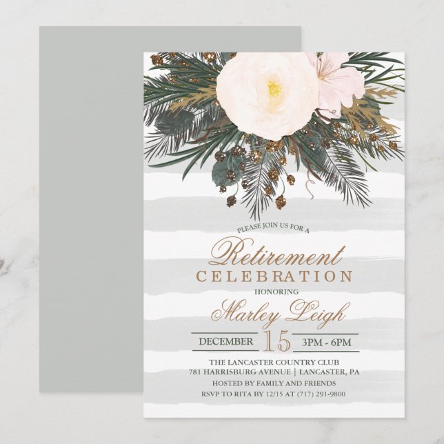 Invitación a la jubilación de Purpurinas florales  (Anverso / Reverso)
