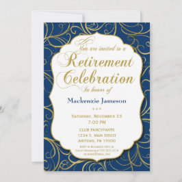 Invitación a la jubilación de Swirl Navy Blue Gold