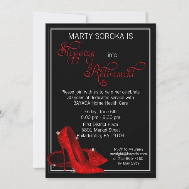Invitación a la jubilación de zapatos de Purpurina (Anverso)