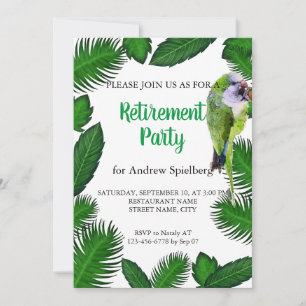 Invitación a la jubilación del loro verde y hojas 