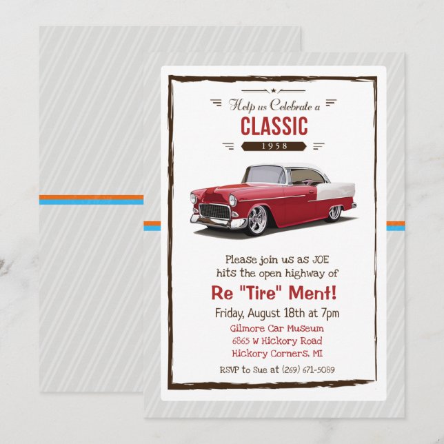 Invitación a la jubilación del retro del coche clá (Anverso / Reverso)
