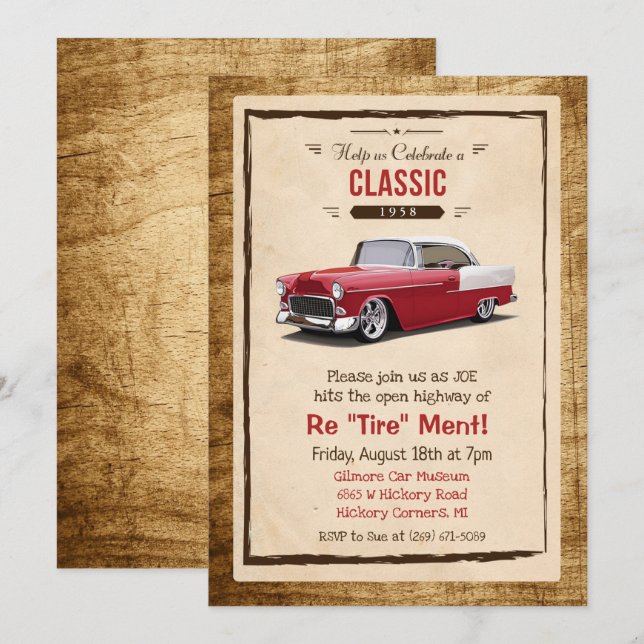 Invitación a la jubilación del retro del coche clá (Anverso / Reverso)