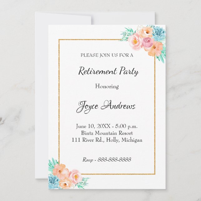 Invitación a la Jubilación Floral Verde y Peach (Anverso)