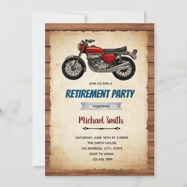 Invitación a la jubilación por cumpleaños de motoc (Anverso)